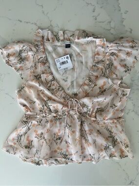 American Eagle Outfitters Peach Floral Ruffle Tie Waist Blouse